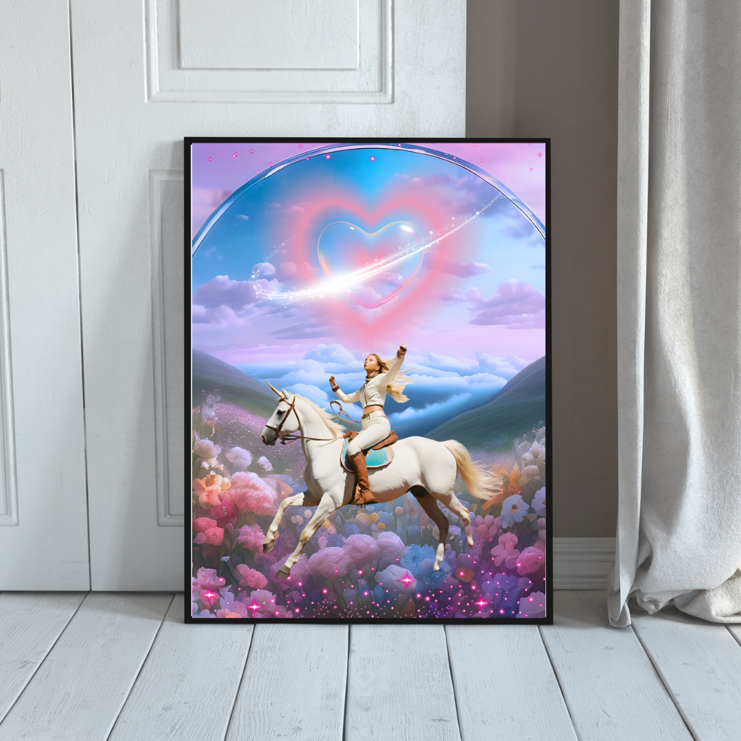 Unicorn in Heart Shaped Clouds | Sparkle Pink Glitter Wall Art | Matte Poster