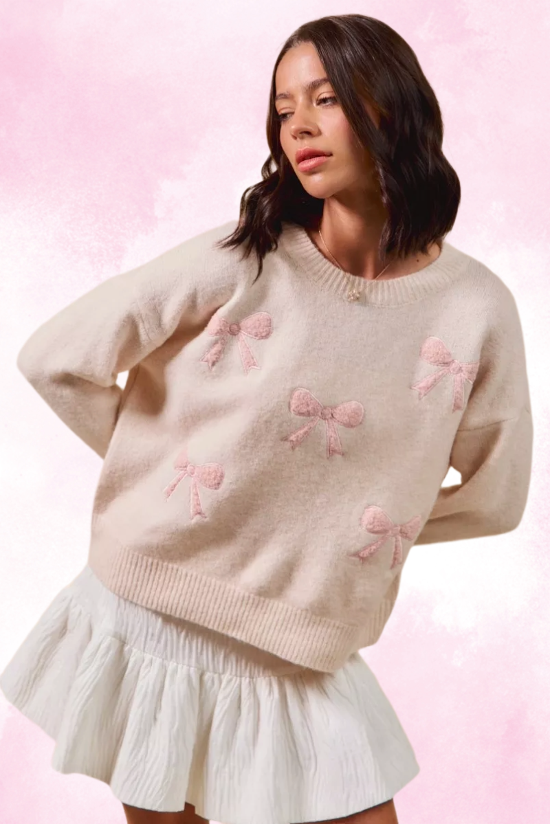 Embroidered Ribbon Round Neck Sweater
