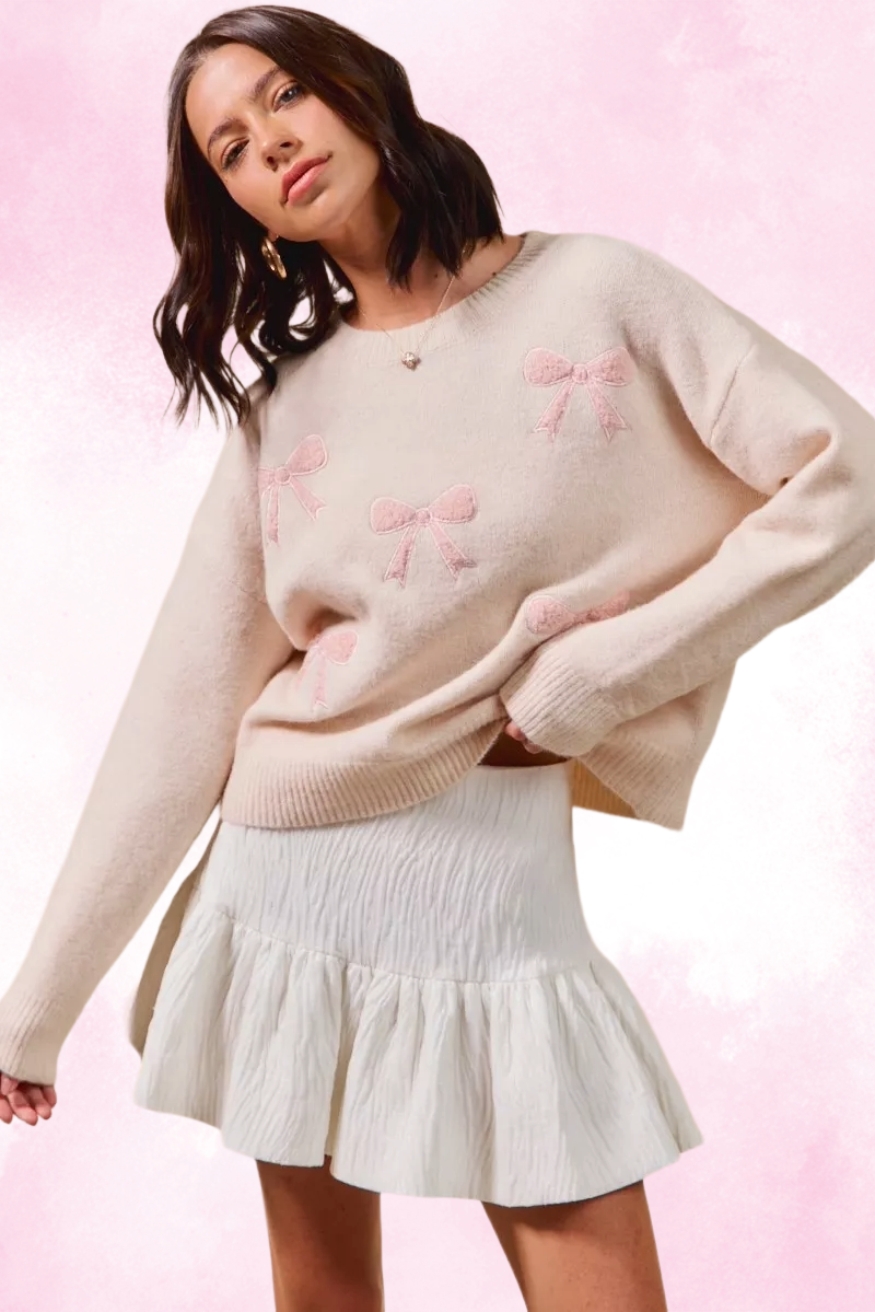 Embroidered Ribbon Round Neck Sweater