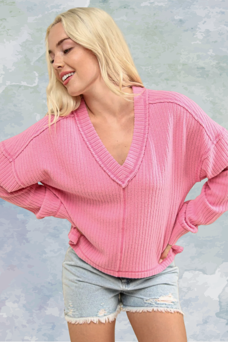 Bubblegum V-Neck Soft Knit Sweater