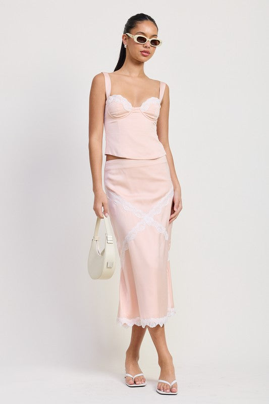 Blush Lace Trimmed Midi Satin Skirt