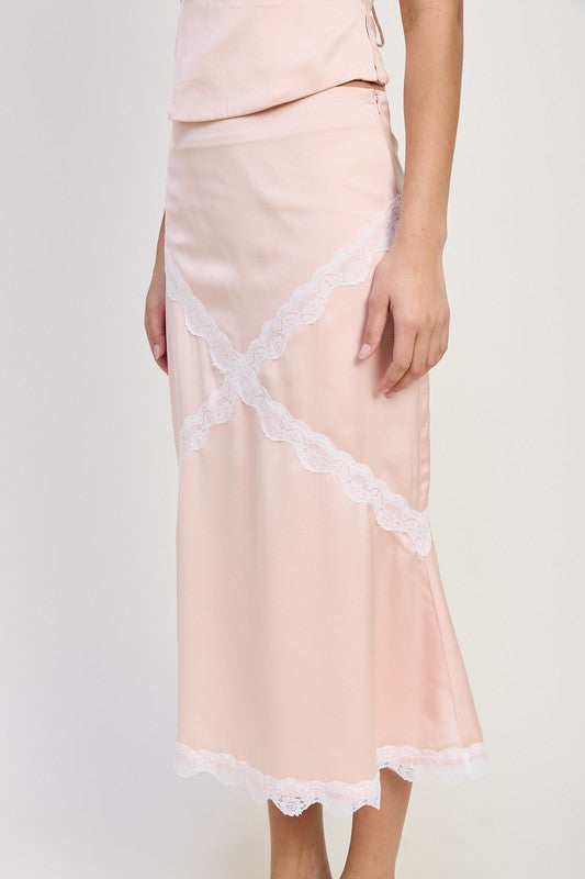 Blush Lace Trimmed Midi Satin Skirt
