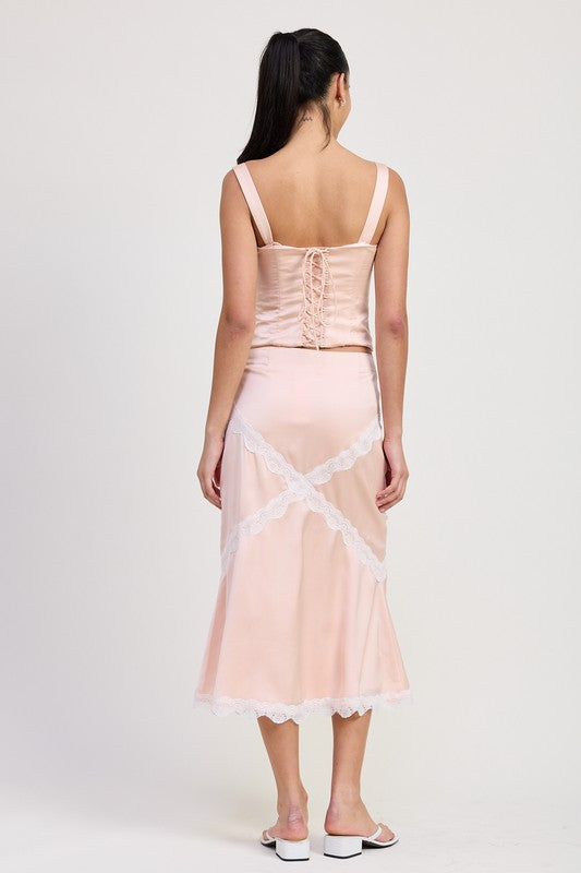 Blush Lace Trimmed Midi Satin Skirt