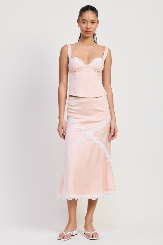 BLUSH / S Blush Lace Trimmed Midi Satin Skirt