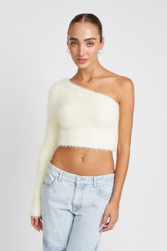 CREAM / S ONE SHOULDER FLUFFY SWEATER TOP