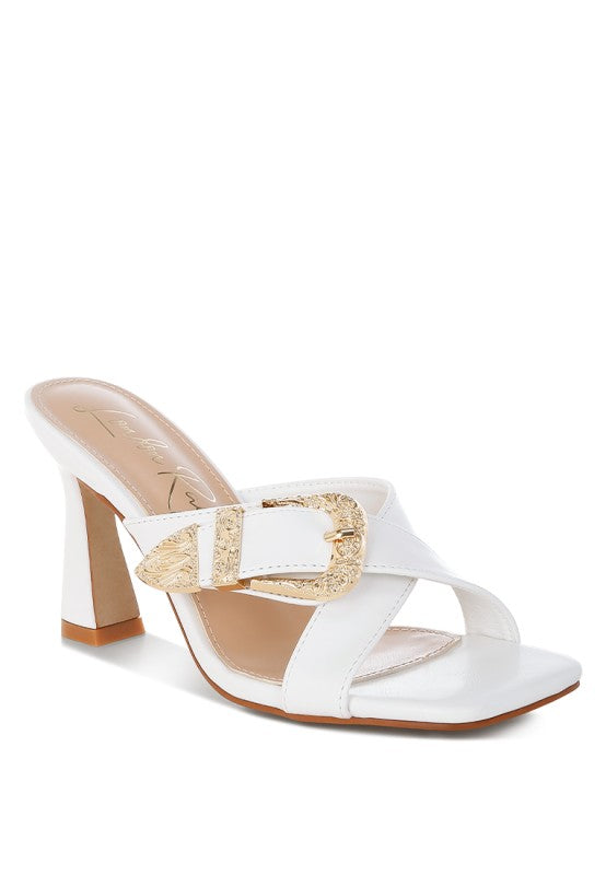 White / US-5 / UK-3 / EU-36 Mohaya Engraved Metallic Buckle Sandals
